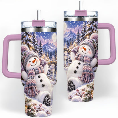 #pl[40oz|Pink] Moonlit Snowman Tumbler 40oz, Cozy Winter Art