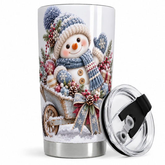Christmas Snowman Wheelbarrow Tumbler 20oz, Winter Art