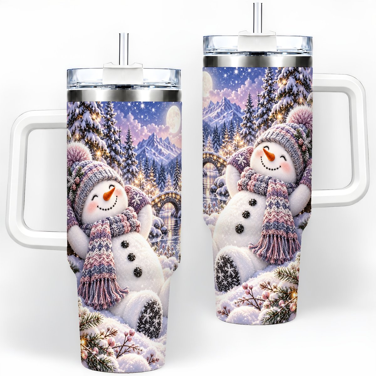 Moonlit Snowman Tumbler 40oz, Cozy Winter Art