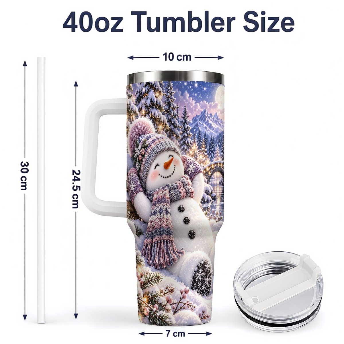 #pl[40oz|White] Moonlit Snowman Tumbler 40oz, Cozy Winter Art