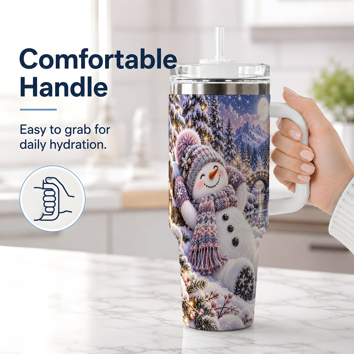 #pl[40oz|White] Moonlit Snowman Tumbler 40oz, Cozy Winter Art