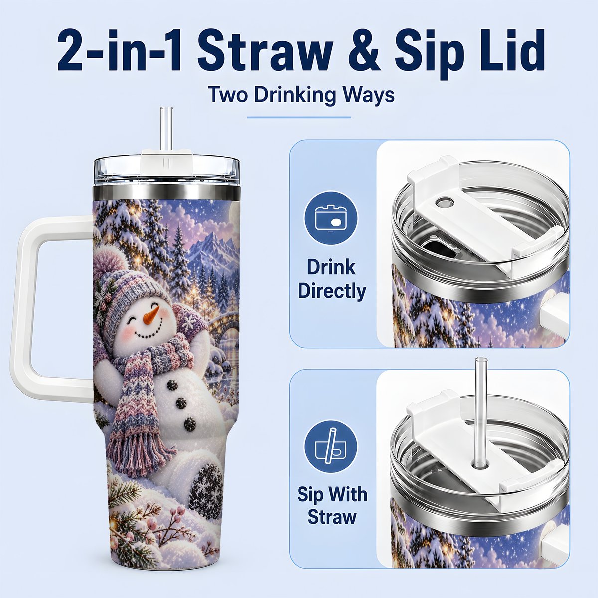 #pl[40oz|White] Moonlit Snowman Tumbler 40oz, Cozy Winter Art