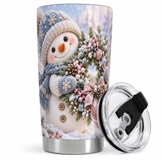 Snowman with Christmas Wreath Tumbler 20oz, Winter Artwork