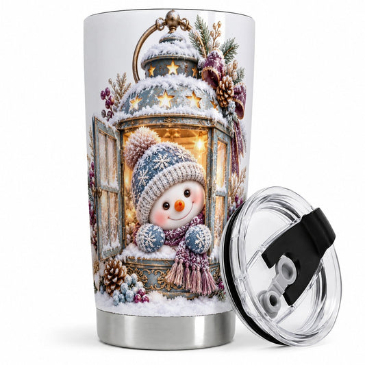 Christmas Snowman Lantern Tumbler 20oz, Vintage-Look Art