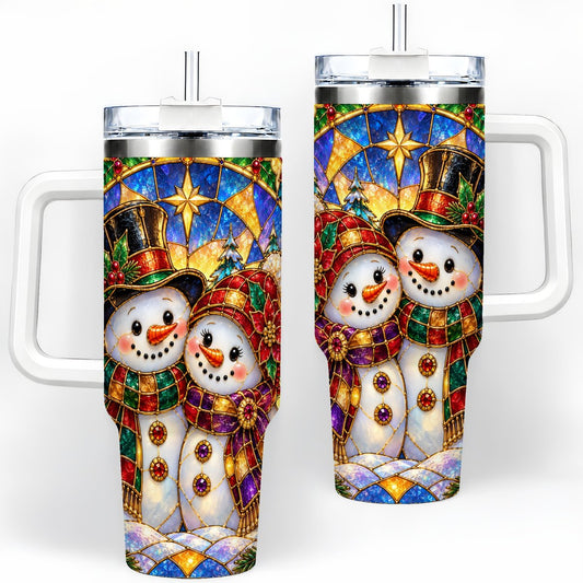 Christmas Snowman Couple Tumbler 40oz, Stained Glass Effect