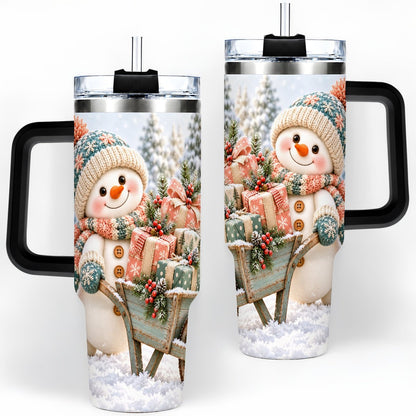 #pl[40oz|Black] Christmas Snowman with Wheelbarrow Tumbler 40oz, Winter Art