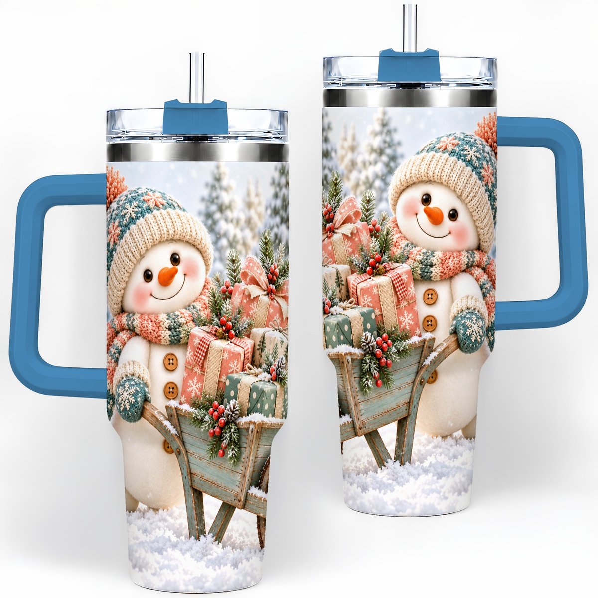 #pl[40oz|Blue] Christmas Snowman with Wheelbarrow Tumbler 40oz, Winter Art