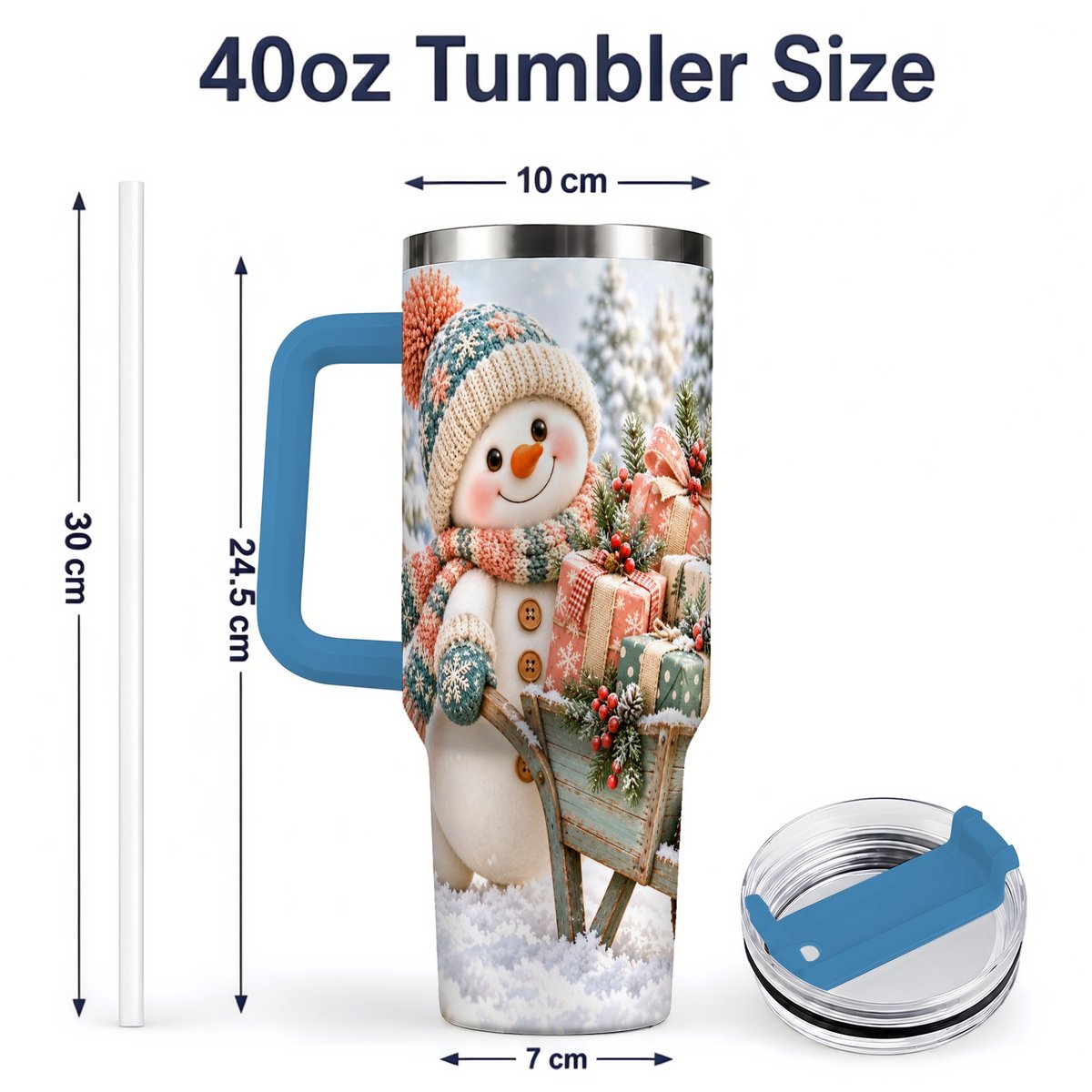 #pl[40oz|Blue] Christmas Snowman with Wheelbarrow Tumbler 40oz, Winter Art