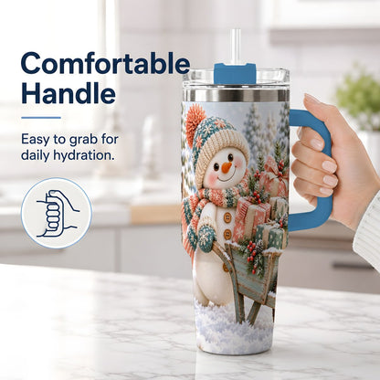 #pl[40oz|Blue] Christmas Snowman with Wheelbarrow Tumbler 40oz, Winter Art
