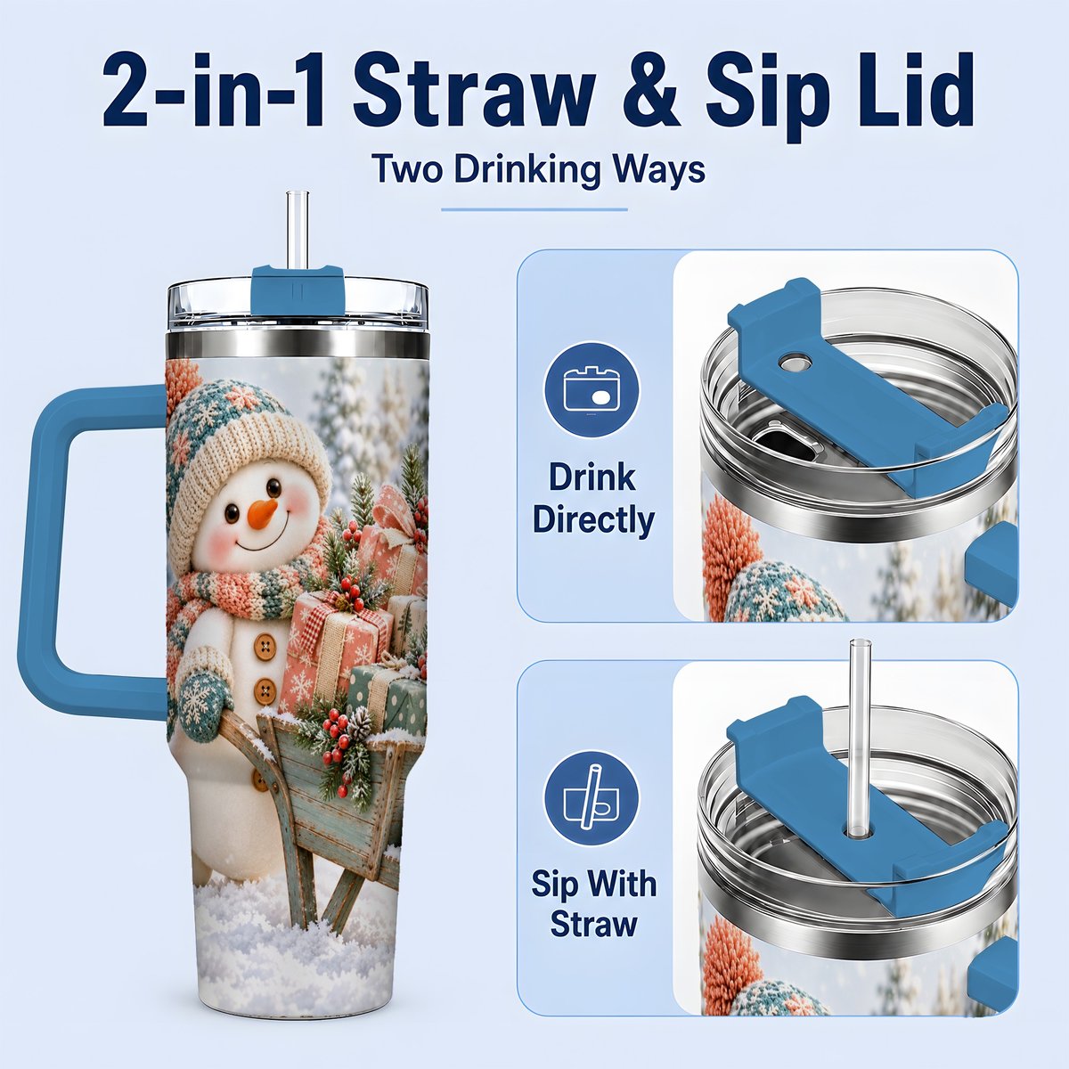 #pl[40oz|Blue] Christmas Snowman with Wheelbarrow Tumbler 40oz, Winter Art