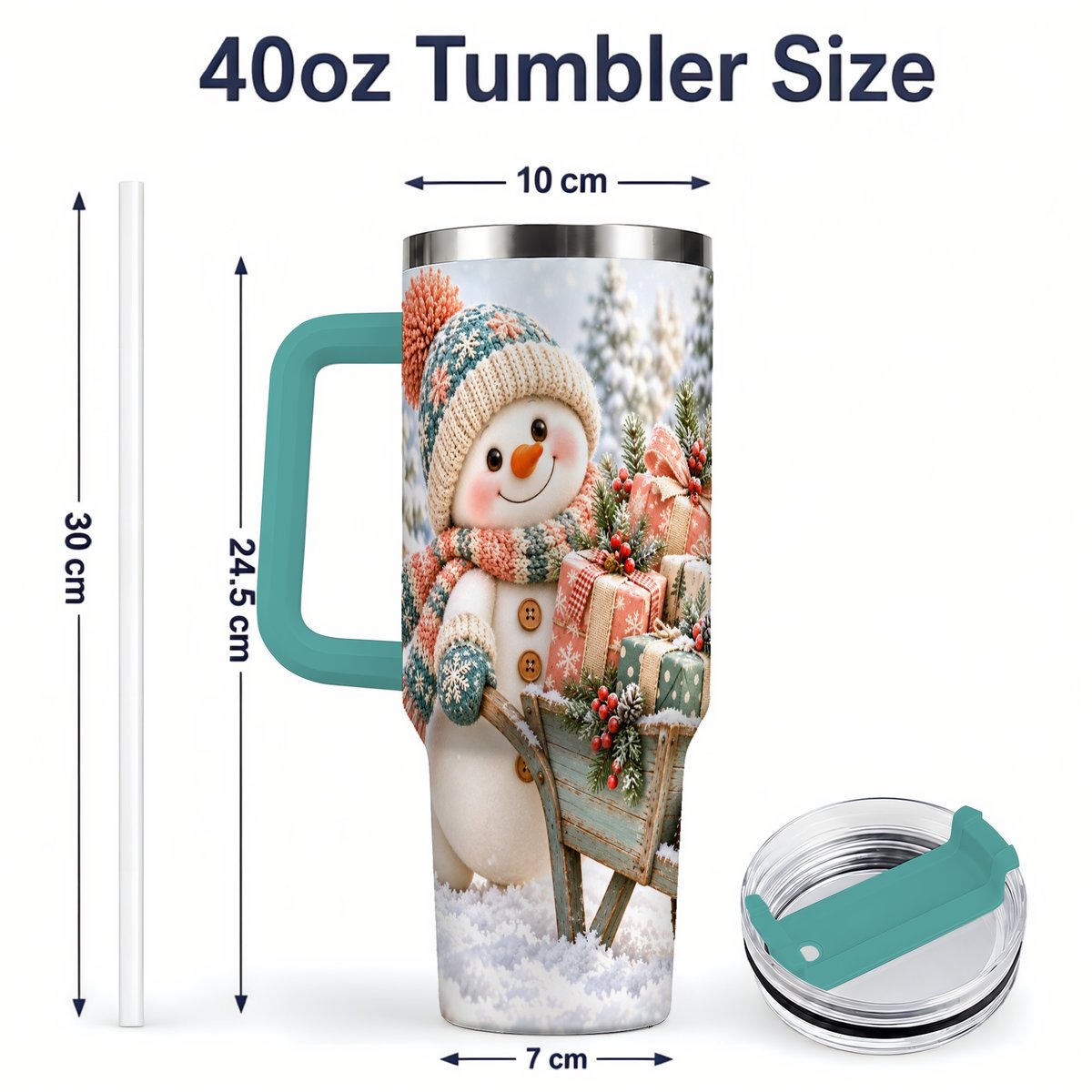 #pl[40oz|Green] Christmas Snowman with Wheelbarrow Tumbler 40oz, Winter Art