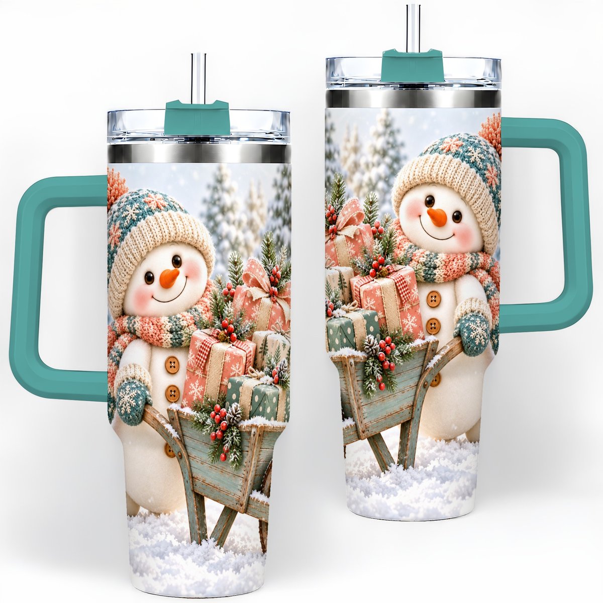 #pl[40oz|Green] Christmas Snowman with Wheelbarrow Tumbler 40oz, Winter Art