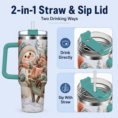 #pl[40oz|Green] Christmas Snowman with Wheelbarrow Tumbler 40oz, Winter Art