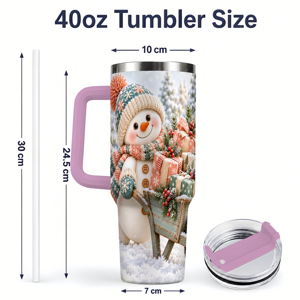 #pl[40oz|Pink] Christmas Snowman with Wheelbarrow Tumbler 40oz, Winter Art