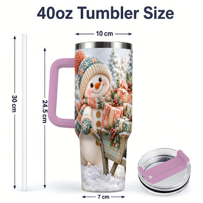 #pl[40oz|Pink] Christmas Snowman with Wheelbarrow Tumbler 40oz, Winter Art