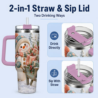#pl[40oz|Pink] Christmas Snowman with Wheelbarrow Tumbler 40oz, Winter Art