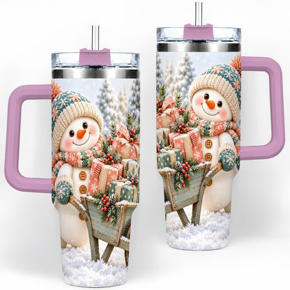 #pl[40oz|Pink] Christmas Snowman with Wheelbarrow Tumbler 40oz, Winter Art