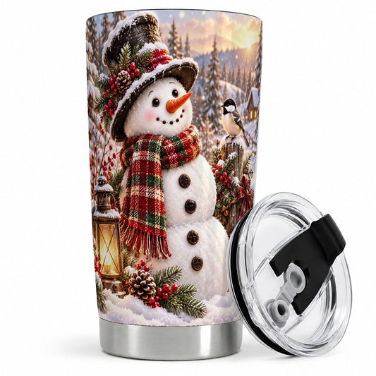 Winter Snowman and Chickadee Tumbler 20oz, Woodland Art