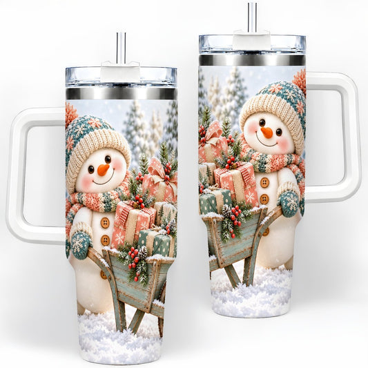 Christmas Snowman with Wheelbarrow Tumbler 40oz, Winter Art