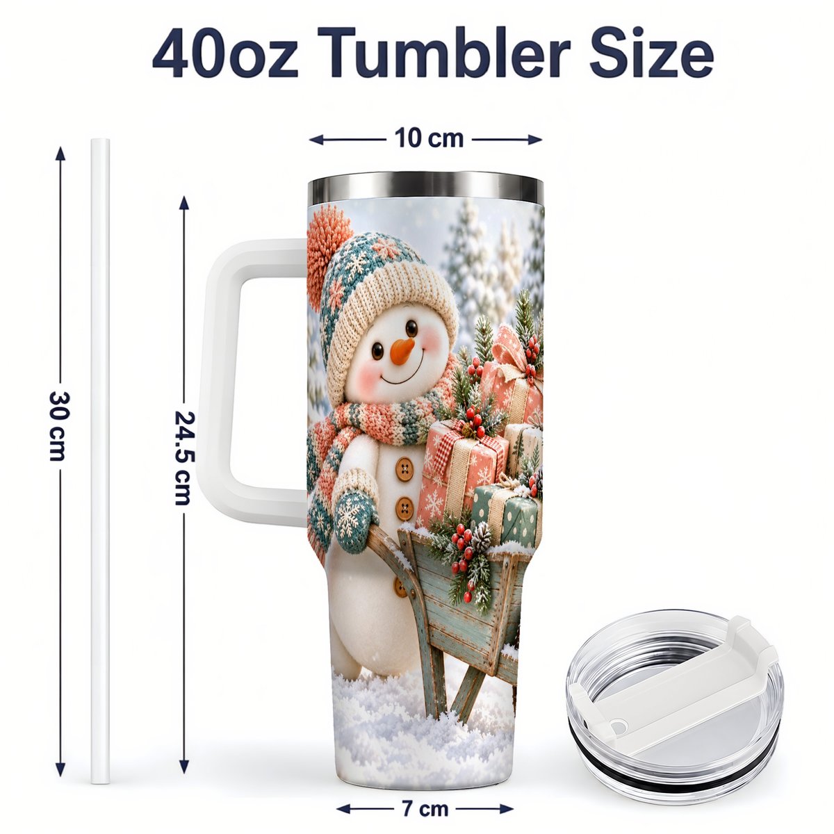#pl[40oz|White] Christmas Snowman with Wheelbarrow Tumbler 40oz, Winter Art