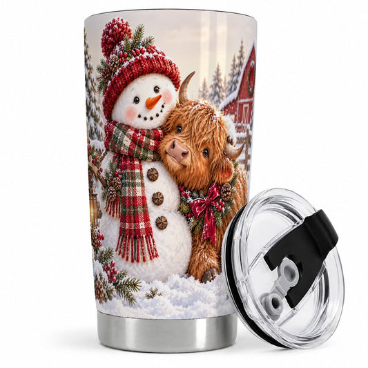 Christmas Snowman and Highland Cow Tumbler 20oz, Farm Art