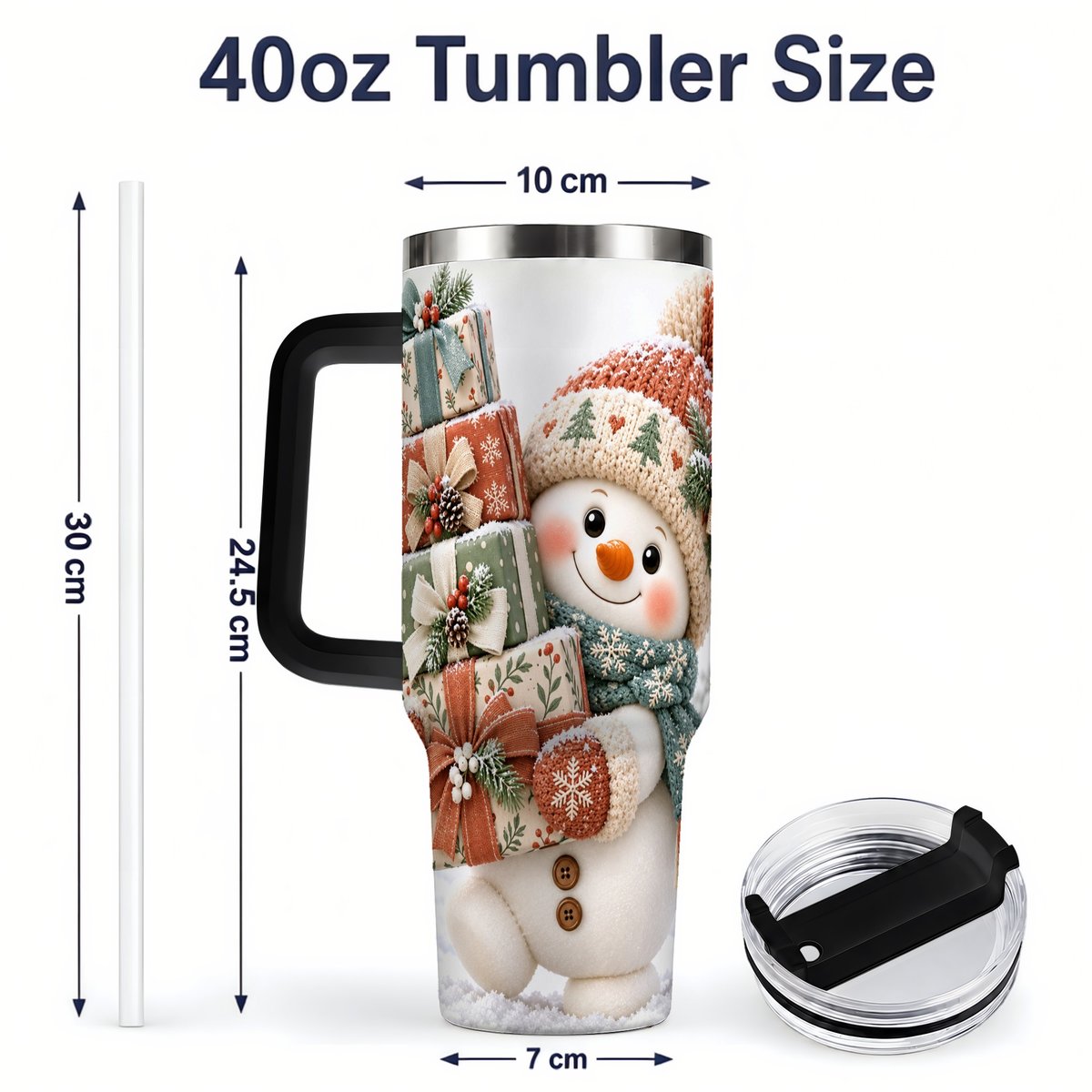#pl[40oz|Black] Christmas Snowman with Packages Tumbler 40oz, Cozy Knit Art