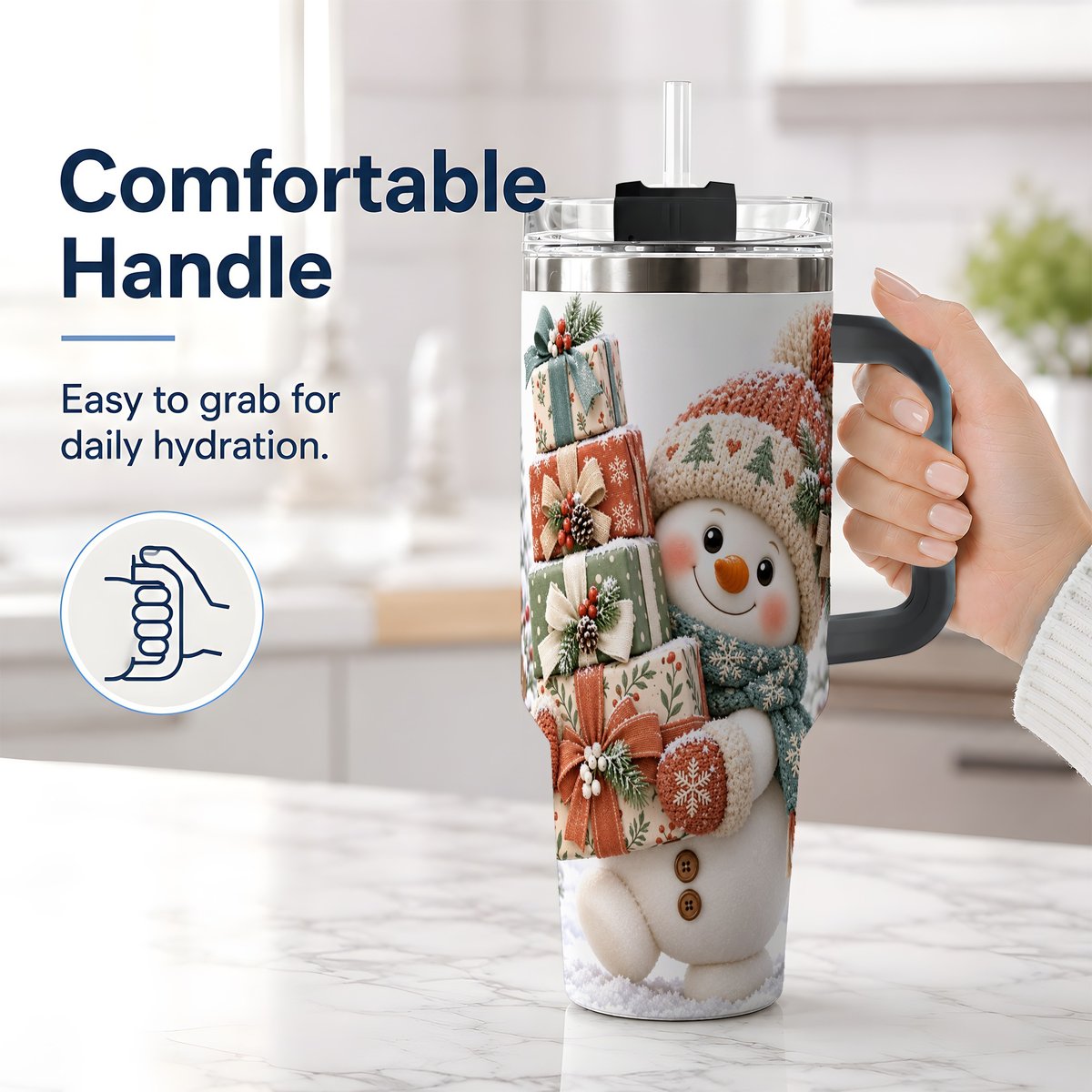 #pl[40oz|Black] Christmas Snowman with Packages Tumbler 40oz, Cozy Knit Art