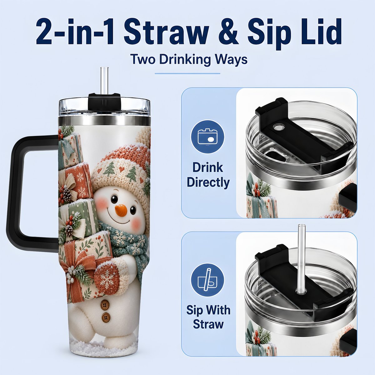 #pl[40oz|Black] Christmas Snowman with Packages Tumbler 40oz, Cozy Knit Art