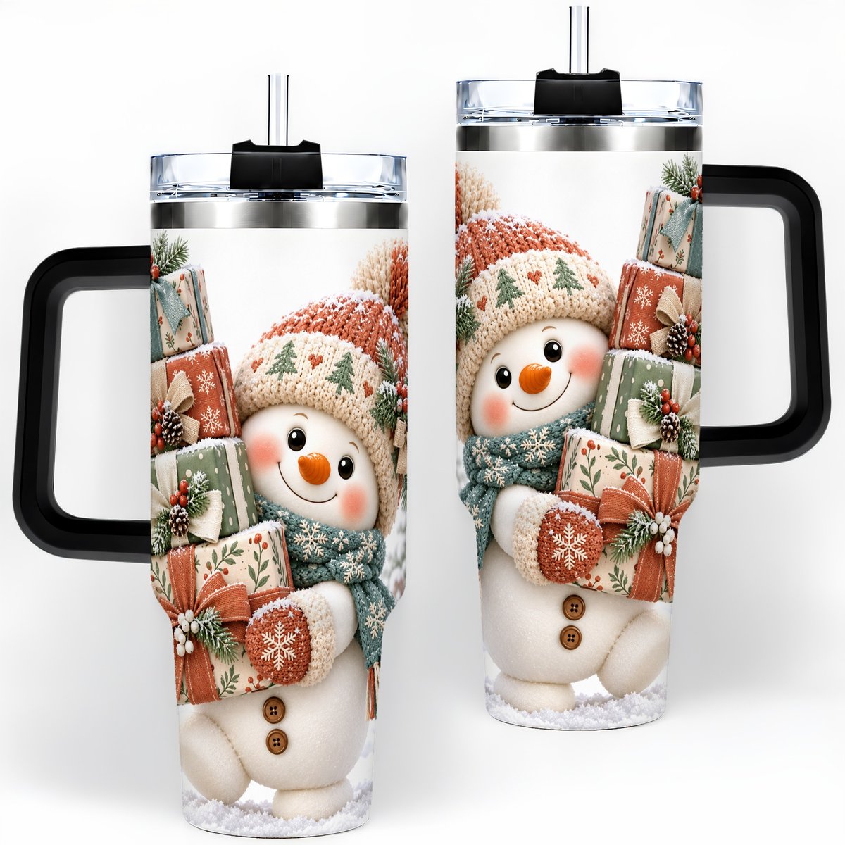 #pl[40oz|Black] Christmas Snowman with Packages Tumbler 40oz, Cozy Knit Art