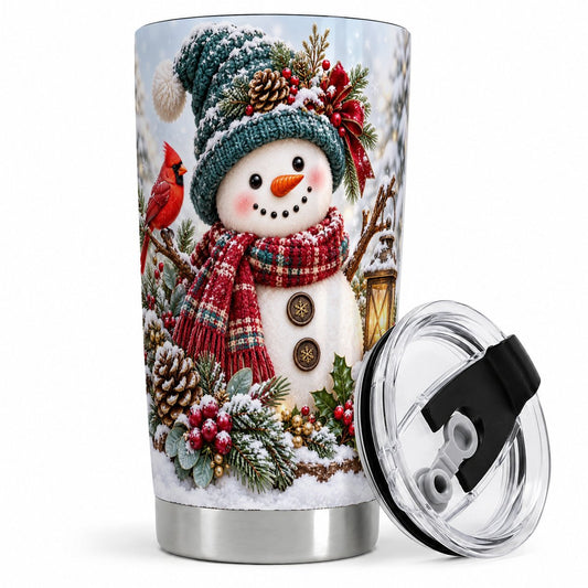 Christmas Snowman and Cardinal Tumbler 20oz, Winter Art
