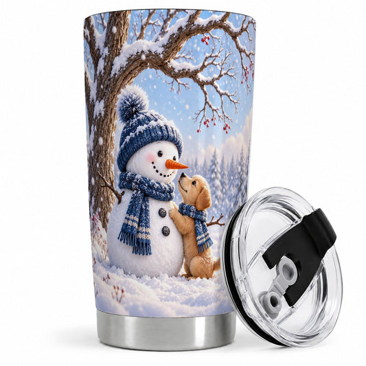Winter Snowman and Puppy Tumbler 20oz, Woodland Art