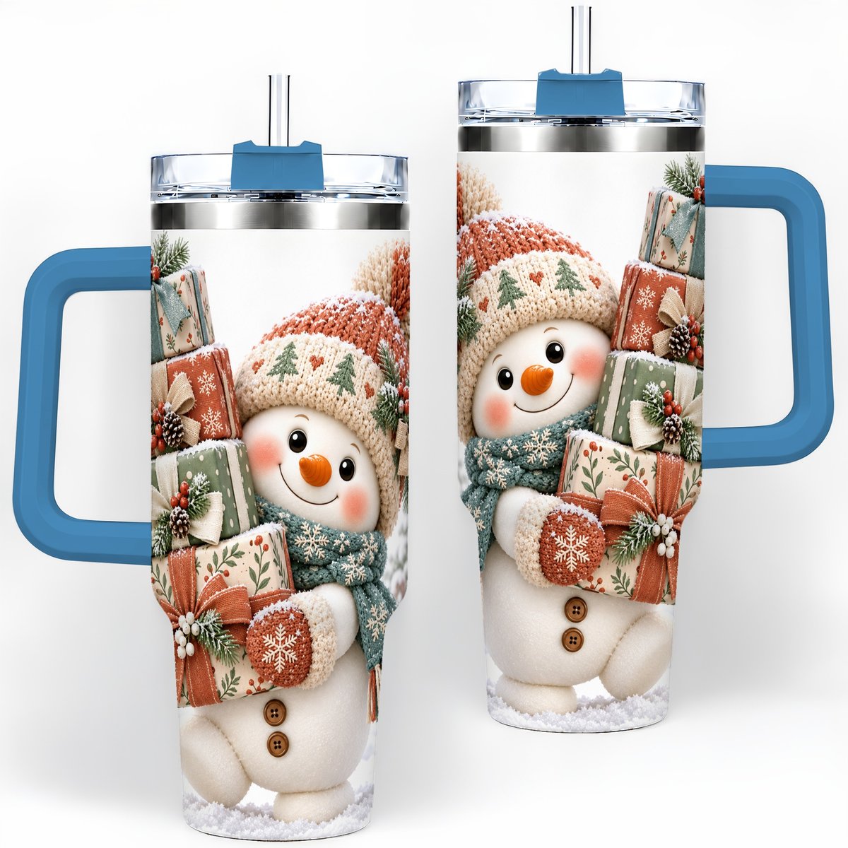 #pl[40oz|Blue] Christmas Snowman with Packages Tumbler 40oz, Cozy Knit Art