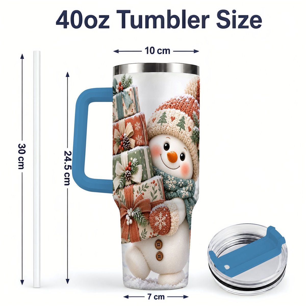 #pl[40oz|Blue] Christmas Snowman with Packages Tumbler 40oz, Cozy Knit Art