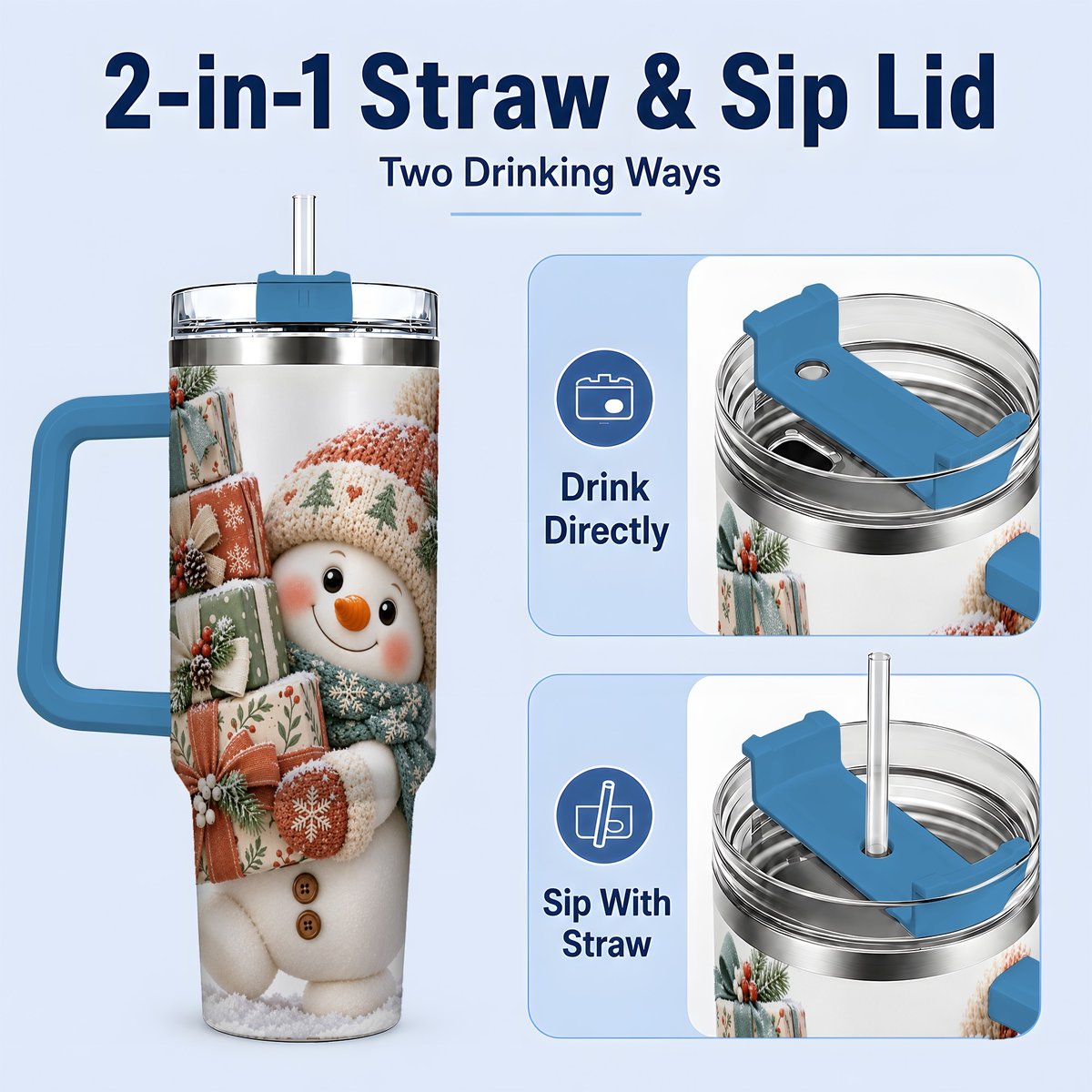 #pl[40oz|Blue] Christmas Snowman with Packages Tumbler 40oz, Cozy Knit Art