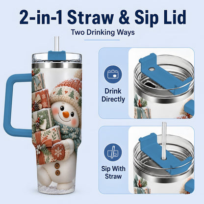 #pl[40oz|Blue] Christmas Snowman with Packages Tumbler 40oz, Cozy Knit Art