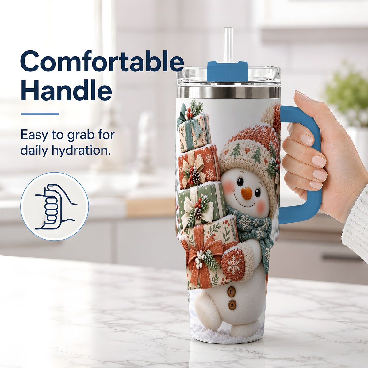 #pl[40oz|Blue] Christmas Snowman with Packages Tumbler 40oz, Cozy Knit Art