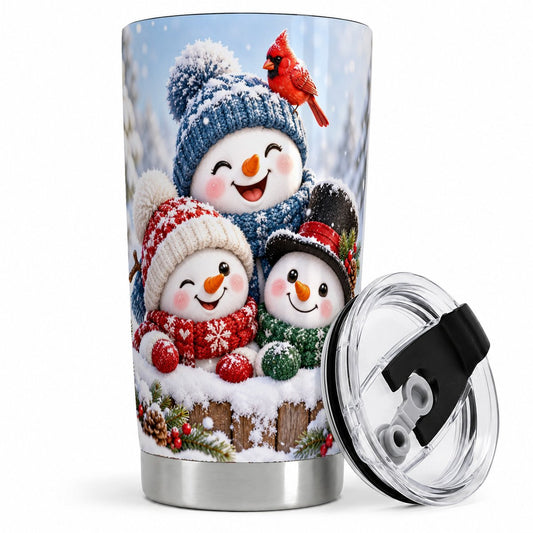 Three Christmas Snowmen Tumbler 20oz, Knit-Look Art