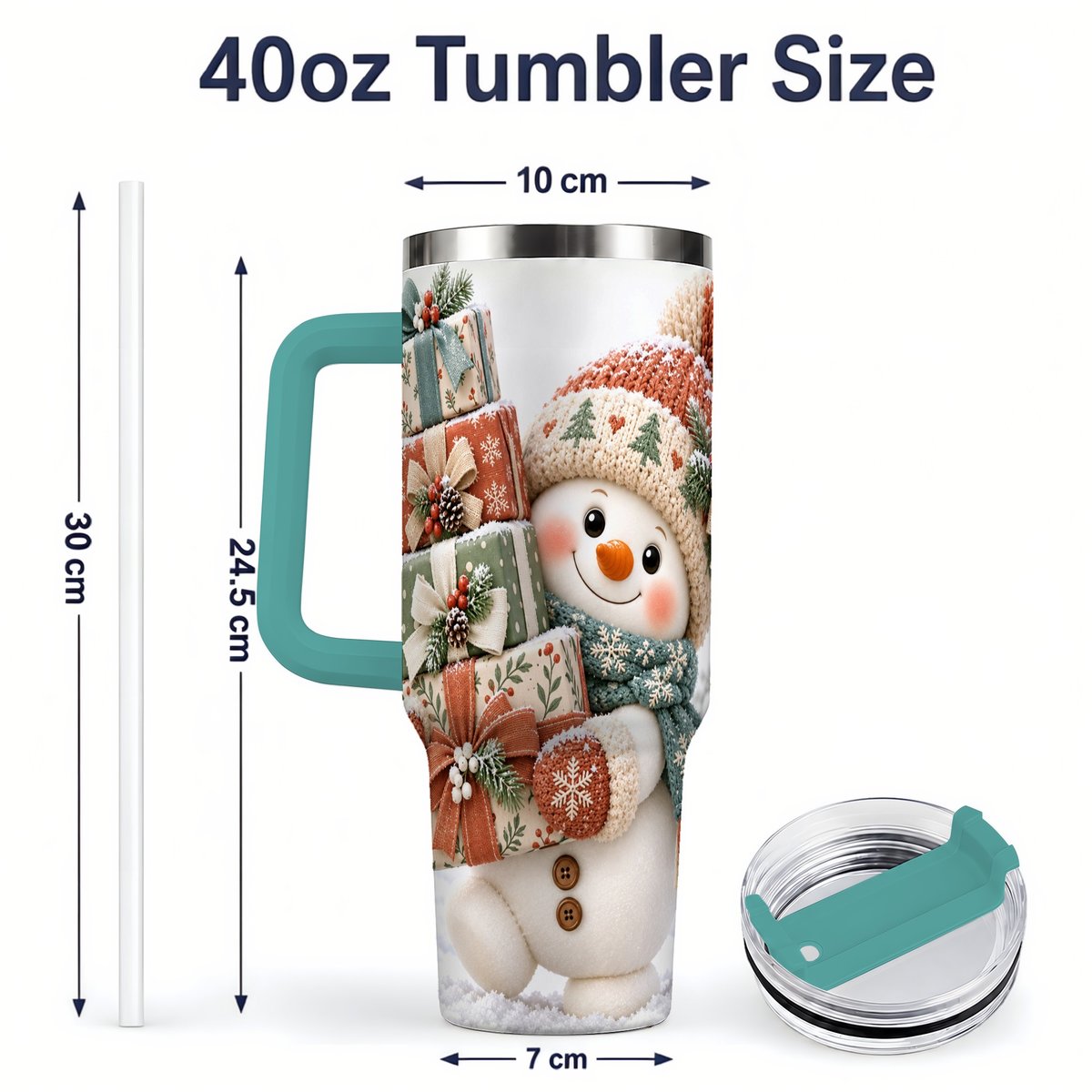 #pl[40oz|Green] Christmas Snowman with Packages Tumbler 40oz, Cozy Knit Art