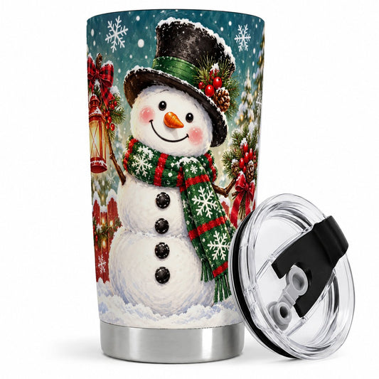 Christmas Snowman Tumbler 20oz, Cozy Lantern Winter Artwork