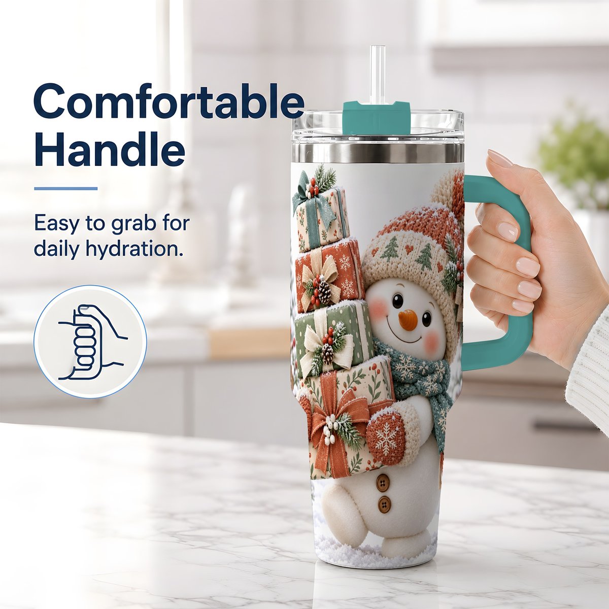 #pl[40oz|Green] Christmas Snowman with Packages Tumbler 40oz, Cozy Knit Art