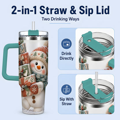 #pl[40oz|Green] Christmas Snowman with Packages Tumbler 40oz, Cozy Knit Art