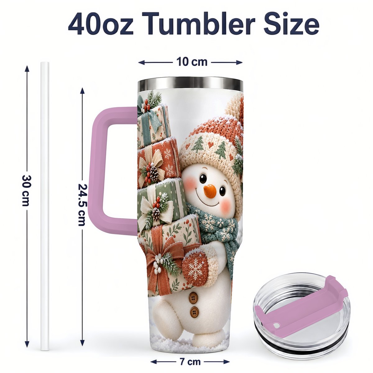 #pl[40oz|Pink] Christmas Snowman with Packages Tumbler 40oz, Cozy Knit Art