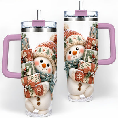 #pl[40oz|Pink] Christmas Snowman with Packages Tumbler 40oz, Cozy Knit Art