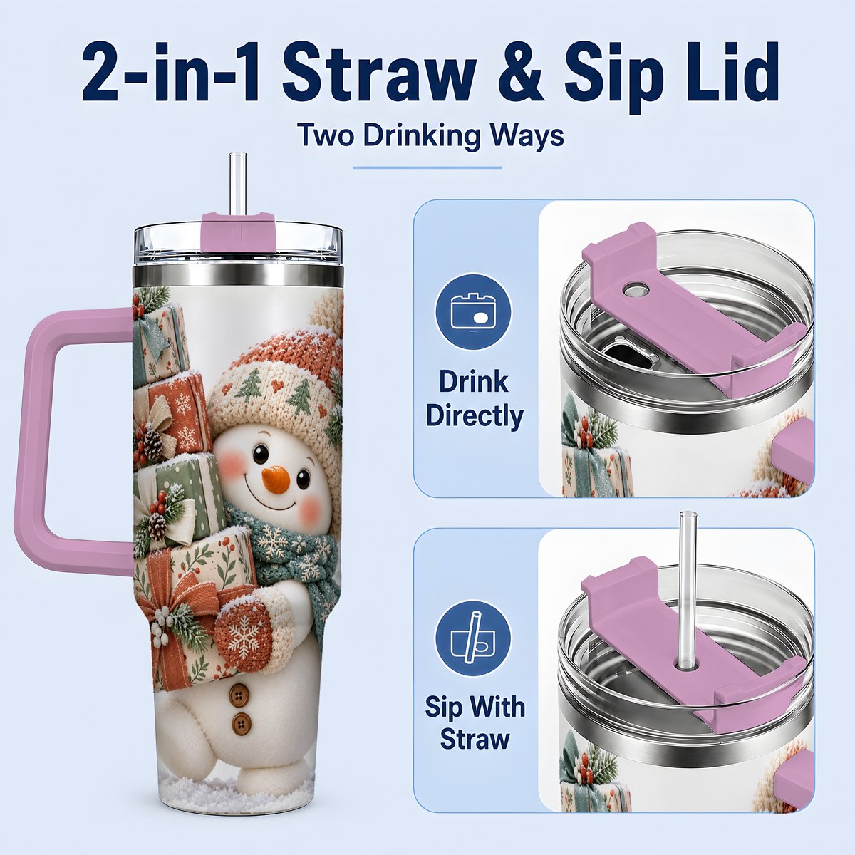 #pl[40oz|Pink] Christmas Snowman with Packages Tumbler 40oz, Cozy Knit Art