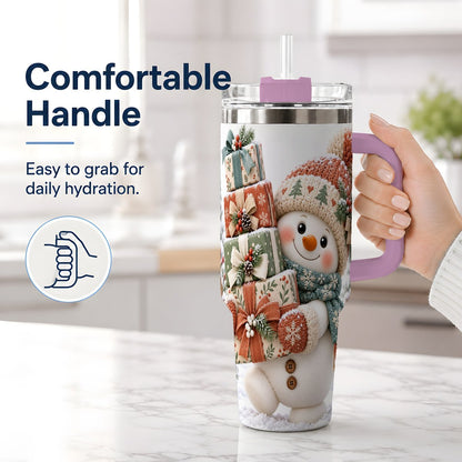 #pl[40oz|Pink] Christmas Snowman with Packages Tumbler 40oz, Cozy Knit Art