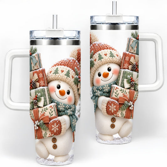 Christmas Snowman with Packages Tumbler 40oz, Cozy Knit Art