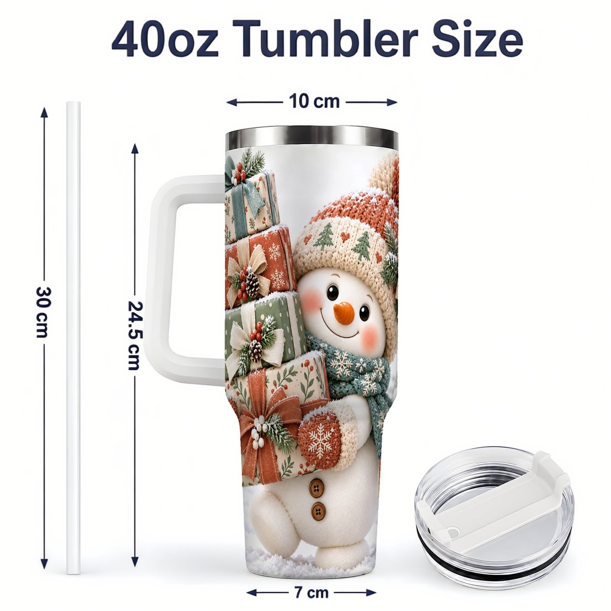 #pl[40oz|White] Christmas Snowman with Packages Tumbler 40oz, Cozy Knit Art
