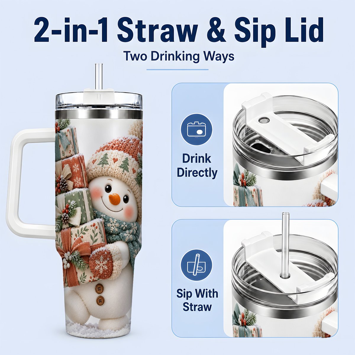 #pl[40oz|White] Christmas Snowman with Packages Tumbler 40oz, Cozy Knit Art