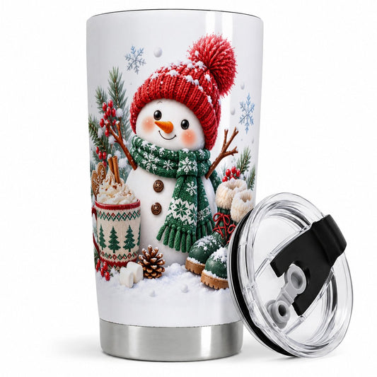 Cute Christmas Snowman Tumbler 20oz, Hot Cocoa Winter Scene