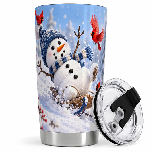 Snowman and Red Cardinals Tumbler 20oz, Snowy Sled Scene